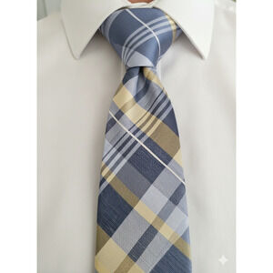 Michael Kors blue yellow plaid silk linen blend tie - 57.5"